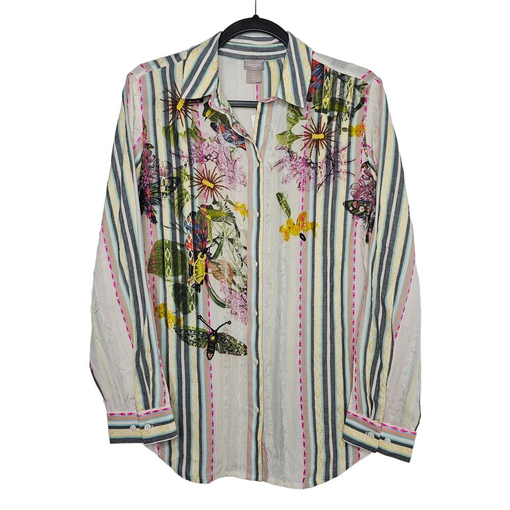 Chico's Women's Printed Embellished Floral Top Size 8 Embroidered Beaded Striped - Picture 2 of 11